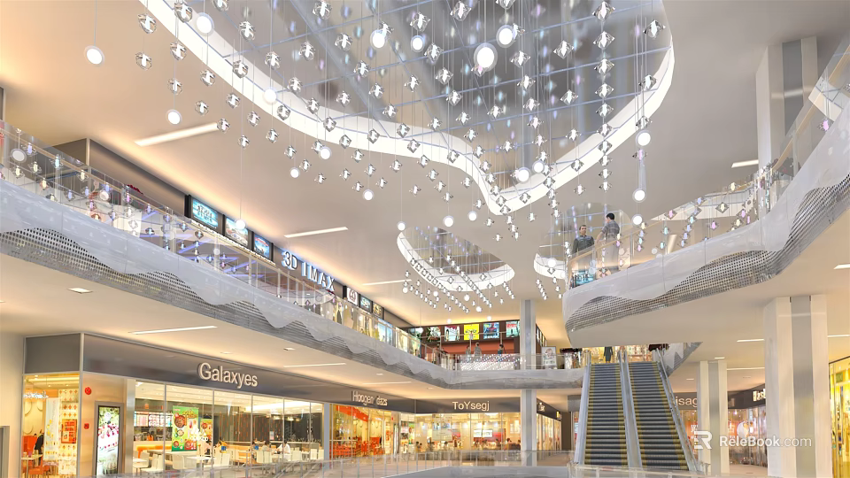 Modern Mall Lobby Interior With Stunning Curved Ceiling Lights Multi Level Escalators And Stores 3d model 