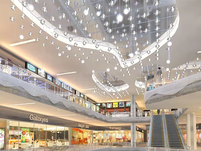 Modern Mall Lobby Interior With Stunning Curved Ceiling Lights Multi Level Escalators And Stores 3d model