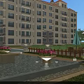 Modern Multi Story Residential Building With Red Roof White Exterior And Landscaped Courtyard