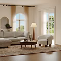 Soft Beige Sectional Sofa And Solid Wood Coffee Table Set For Cozy Bright Modern Living Room