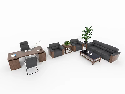 Modern Office Desk Setup With Chair Sofa Coffee Table And Plants 3d model