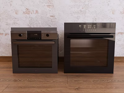 Two Black Kitchen Ovens Against Light Brick Wall And Wooden Floor 3d model