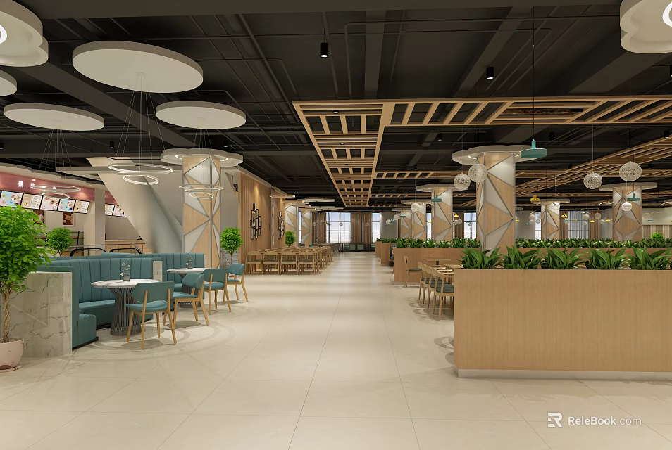 Bright Spacious Modern Restaurant Interior With Warm Wooden Decor And Comfortable Various Dining Areas 3d model 