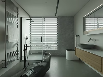 Modern Bathroom Interior Design With Bathtub Shower Blinds Gray Walls And Wooden Vanity 3d model