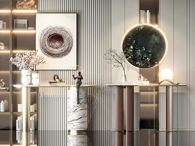 Elegant Modern Console Table With Marble Top Round Mirror Green Plant And Decorative Art 3d model