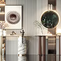 Elegant Modern Console Table With Marble Top Round Mirror Green Plant And Decorative Art