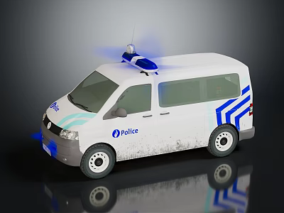 White Police Van With Blue Stripes And Flashing Lights On Top 3d model