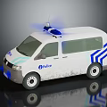 White Police Van With Blue Stripes And Flashing Lights On Top