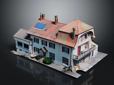 Traditional White House With Red Roof Solar Panels Chimneys Red Shutters Front Steps And Shrubs 3d model