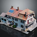 Traditional White House With Red Roof Solar Panels Chimneys Red Shutters Front Steps And Shrubs