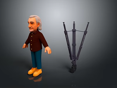 White Haired Man In Brown Coat Blue Pants Yellow Shoes With Tripod Structure Equipment 3d model