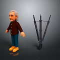 White Haired Man In Brown Coat Blue Pants Yellow Shoes With Tripod Structure Equipment