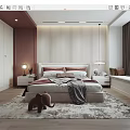 Modern Bedroom Interior With Striped Accent Wall Bed Nightstands And Elephant Toy Rug