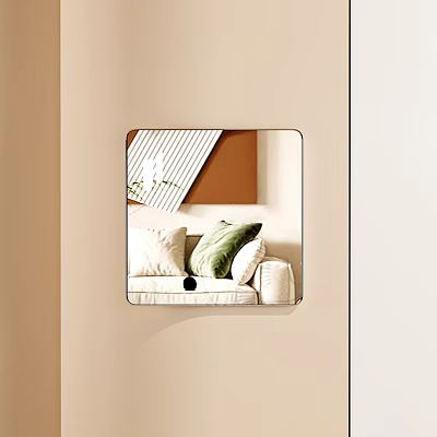 Wall Mounted Square Mirror Reflecting Sofa With White And Green Pillows And Decorative Wall Panels 3d model