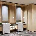 Modern Public Restroom Interior With Wooden Walls Marble Vanities And Mirrors