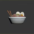 Tasty Noodle Bowl With Halved Fried Eggs Sliced Meat Chopped Green Onions And Chopsticks