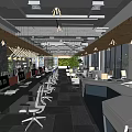 Modern Public Office Space with Open Layout Workstations Computers Greenery and Floor to Ceiling Windows 3d model