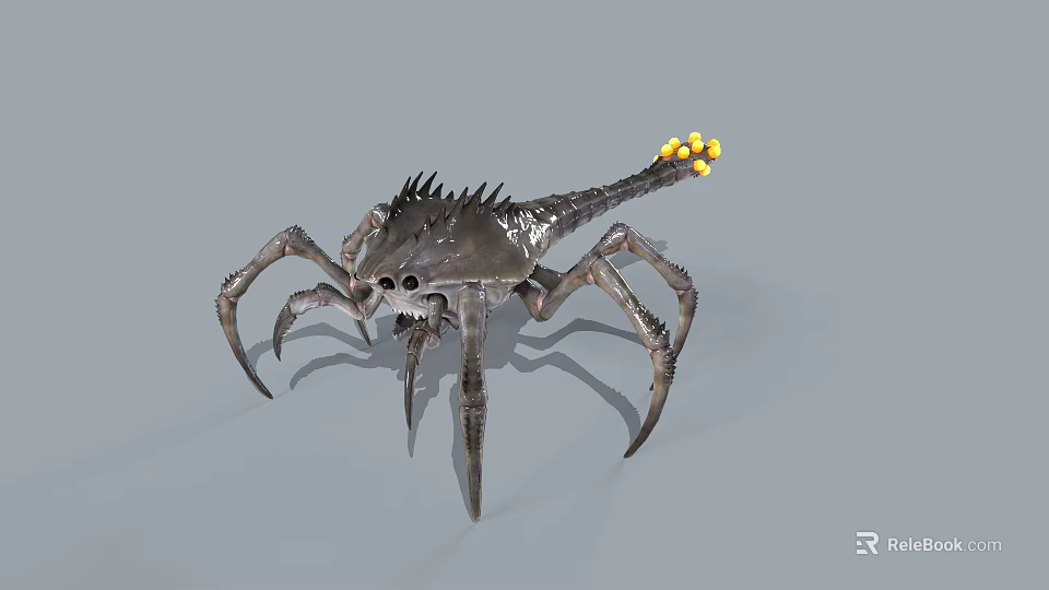 3D Rendered Fantasy Creature With Spider Like Legs Spiked Back And Yellow Bulbous Tail 3d model 