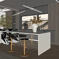 Modern Restaurant Open Kitchen With Marble Island Counter Bar Stools And Plants