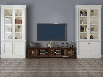 Gray Living Room Background Wall With TV Stand Decorations White Bookcases Books And Plants 3d model