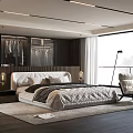 Modern Bedroom Interior With White Bed Dark Wooden Closet And Floor to Ceiling Window