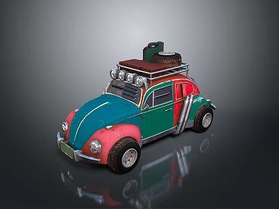 Classic Volkswagen Beetle with Colorful Blue Green Red Body and Roof Rack Luggage 3d model
