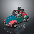 Classic Volkswagen Beetle with Colorful Blue Green Red Body and Roof Rack Luggage
