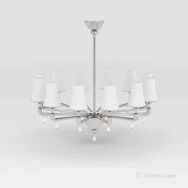 Technology Exhibition Hall Interior Featuring Modern Chandelier With White Lampshades Silver Frame And Crystal Pendants 3d model 