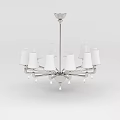 Technology Exhibition Hall Interior Featuring Modern Chandelier With White Lampshades Silver Frame And Crystal Pendants