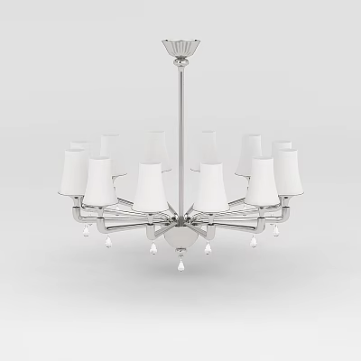 Technology Exhibition Hall Interior Featuring Modern Chandelier With White Lampshades Silver Frame And Crystal Pendants 3d model