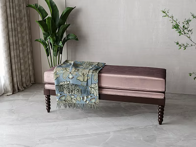 Elegant Sofa Bench With Pastel Purple Upholstery Wooden Legs Floral Blanket And Large Green Plant 3d model