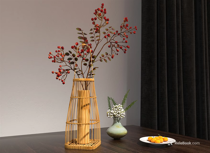 Bamboo Woven Vase With Red Berries And Branches On Table Setting 3d model