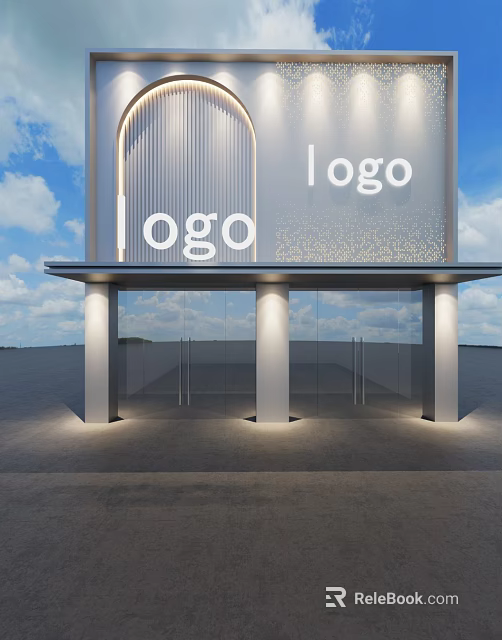 Modern Storefront Design With Glass Doors Columns Lighting And Logo Signage 3d model 