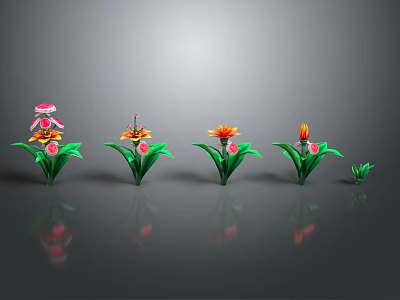Colorful Cartoon Flowers with Green Leaves and Various Shapes Arranged in a Row 3d model