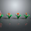 Colorful Cartoon Flowers with Green Leaves and Various Shapes Arranged in a Row