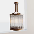 Contemporary Cylindrical Chandelier With Ribbed Glass And Golden Metal Frame For Interior Design