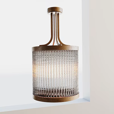 Contemporary Cylindrical Chandelier With Ribbed Glass And Golden Metal Frame For Interior Design 3d model