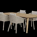 Rustic Wooden Dining Table Set With Wicker Chairs And Striped Cushions 3d model