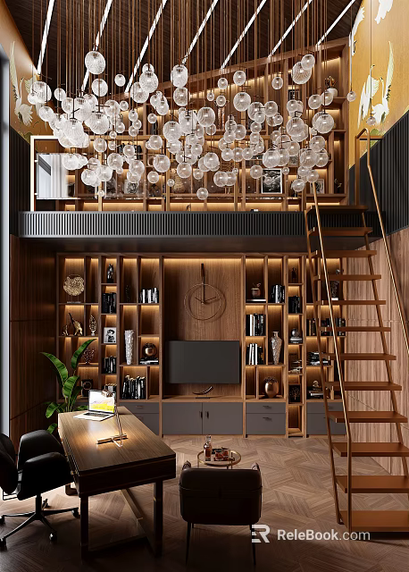 Modern Open Study Room Interior Design With Bookshelves And Decorative Lighting 3d model 