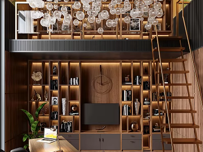 Modern Open Study Room Interior Design With Bookshelves And Decorative Lighting 3d model