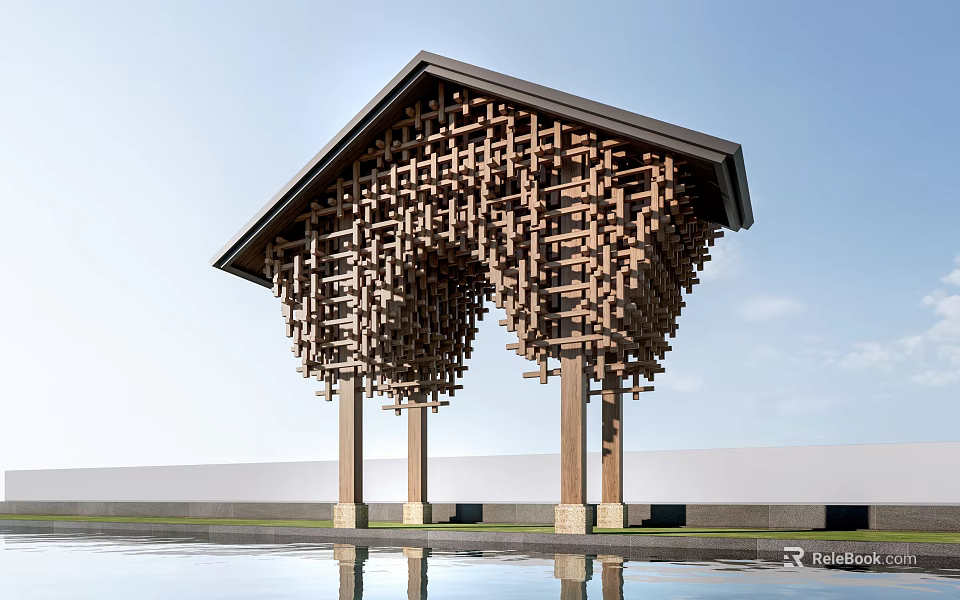 Modern Facade With Wooden Lattice Structure Triangular Roof Pillars And Water Reflection 3d model