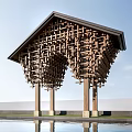 Modern Facade With Wooden Lattice Structure Triangular Roof Pillars And Water Reflection 3d model