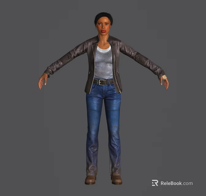 Woman in Leather Jacket Gray T-shirt and Blue Jeans with Arms Outstretched on Gray Background 3d model 