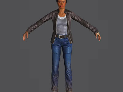 Woman in Leather Jacket Gray T-shirt and Blue Jeans with Arms Outstretched on Gray Background 3d model