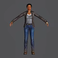 Woman in Leather Jacket Gray T-shirt and Blue Jeans with Arms Outstretched on Gray Background