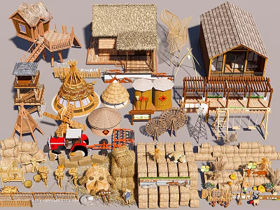 Rustic Garden Decorations With Straw Roof Houses Bamboo Crafts And Hay Bales 3d model