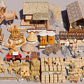 Rustic Garden Decorations With Straw Roof Houses Bamboo Crafts And Hay Bales