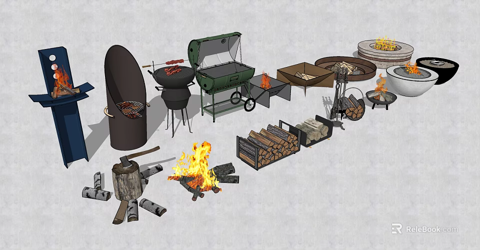 Outdoor Fire Pit Setup With Burning Flames Grill Firewood Stack And Axe 3d model 