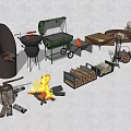 Outdoor Fire Pit Setup With Burning Flames Grill Firewood Stack And Axe