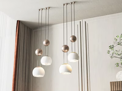Modern Chandeliers With Hanging Metal Spheres And White Shades In Interior Design 3d model